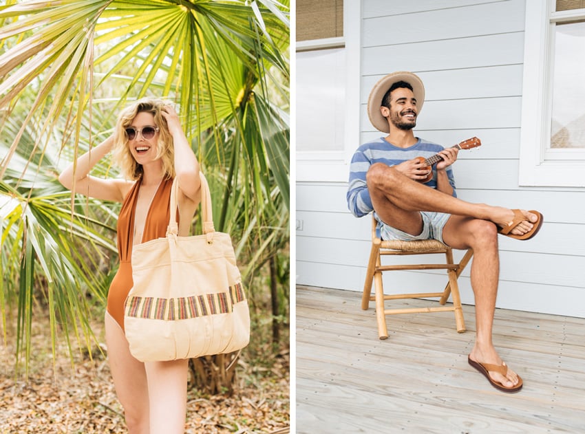 A diptych of photos by Jillian Clark for FeelGoodz. The photo one the left features a smiling woman in an orange one-piece bathing suit with short wavy blonde hair and sunglasses. She is arranging her hair and has a large beige beach bag over her left shoulder. On the right is a photo of a smiling man sitting in a wicker folding chair wearing tan leather flip flops and playing a ukulele. He wears a long-sleeved blue striped shirt and shorts and a brimmed hat.